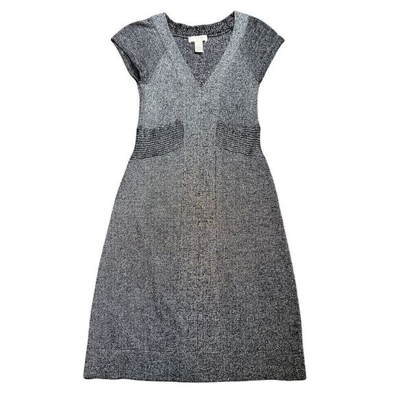 Kenar Dresses & Skirts - Kenar women’s Metallic Stretch Knit V-Neck A-Line Dress Black Silver Shimmer